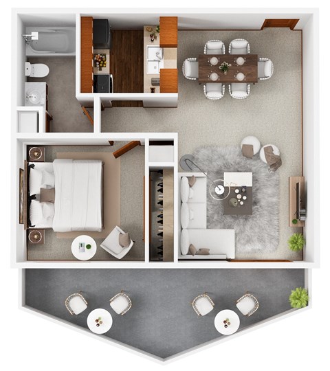 Floor plan for 1 bed, 1 bath, 728 sqft